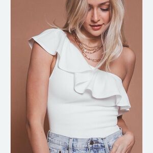 Show Me Your MuMu Bodysuit Top White Ruffle One Shoulder Size XS
